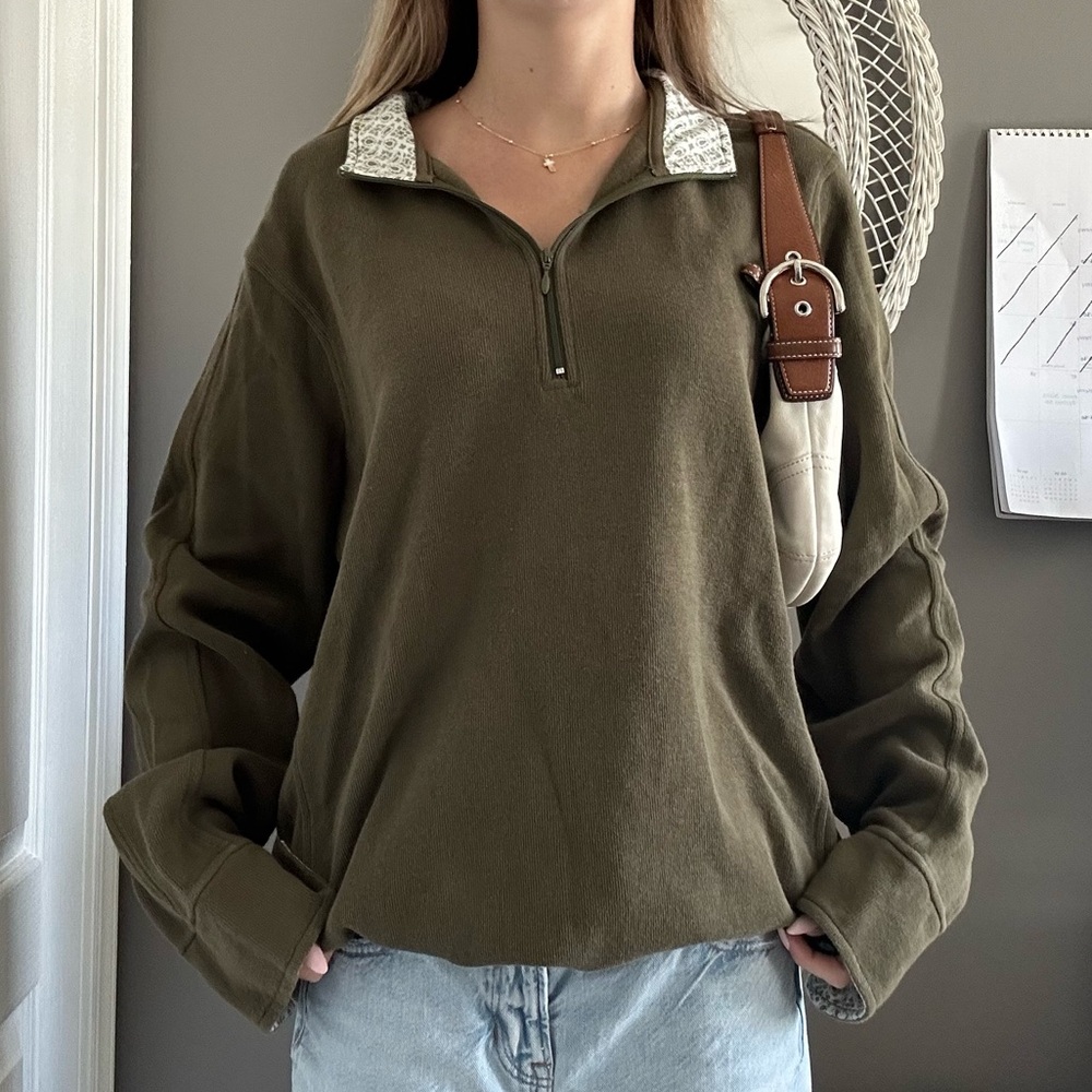 Orvis Olive Half-Zip Pullover with Contrast Collar